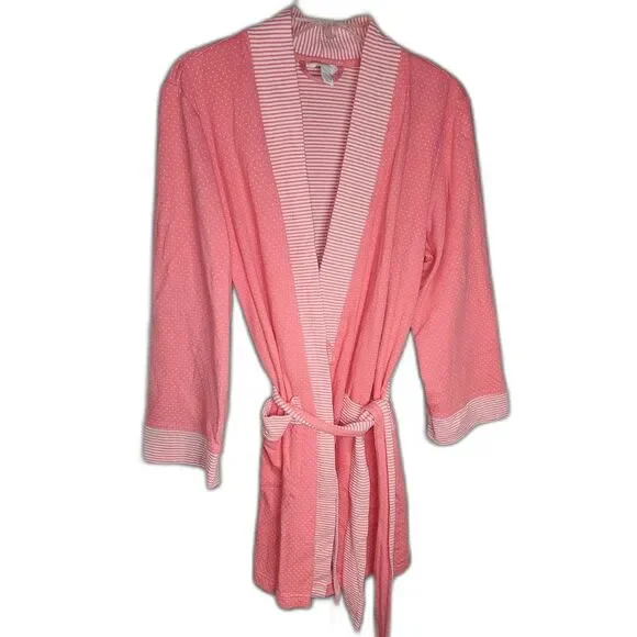 Charter Club Pink & White Polka Dot & Striped Bathrobe Size L - Picture 1 of 5